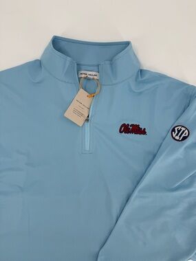 SIP EMBROIDERED SLEEVE! Peter Millar Ole Miss Powder Birdseye 1/4-Zip!  L - NWT